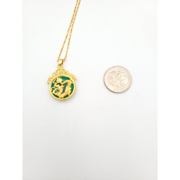 Green Jade Gold Tone Dragon Pendant On 18k Gold Electroplated Chain Necklace - Picture 9 of 10